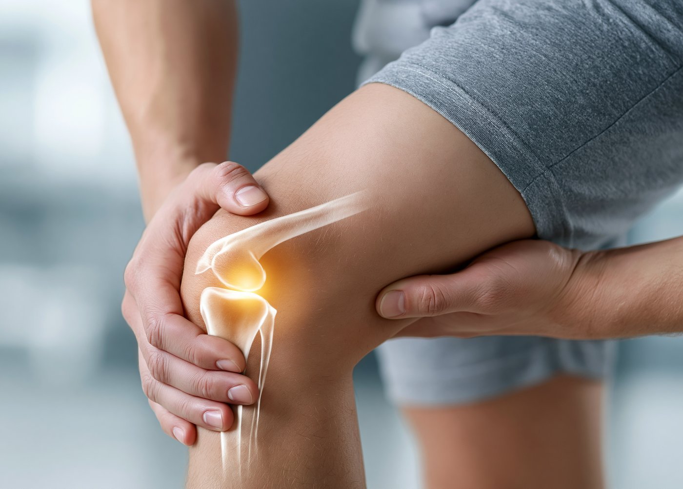 Persona sosteniendo su rodilla con ilustración de ligamento inflamado