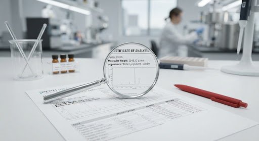 Fotografia de laboratorio con lupa sobre documento de certificado de analisis