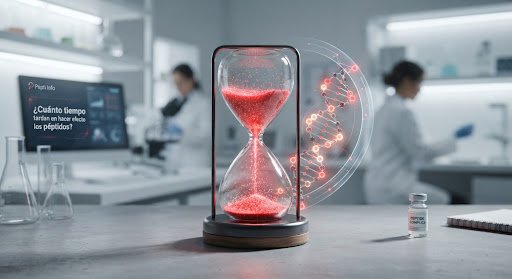 Fotografia cientifica de reloj de arena con particulas rojas brillantes junto a cadena de peptido