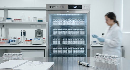 Fotografia de refrigerador medico de laboratorio con viales de vidrio etiquetados