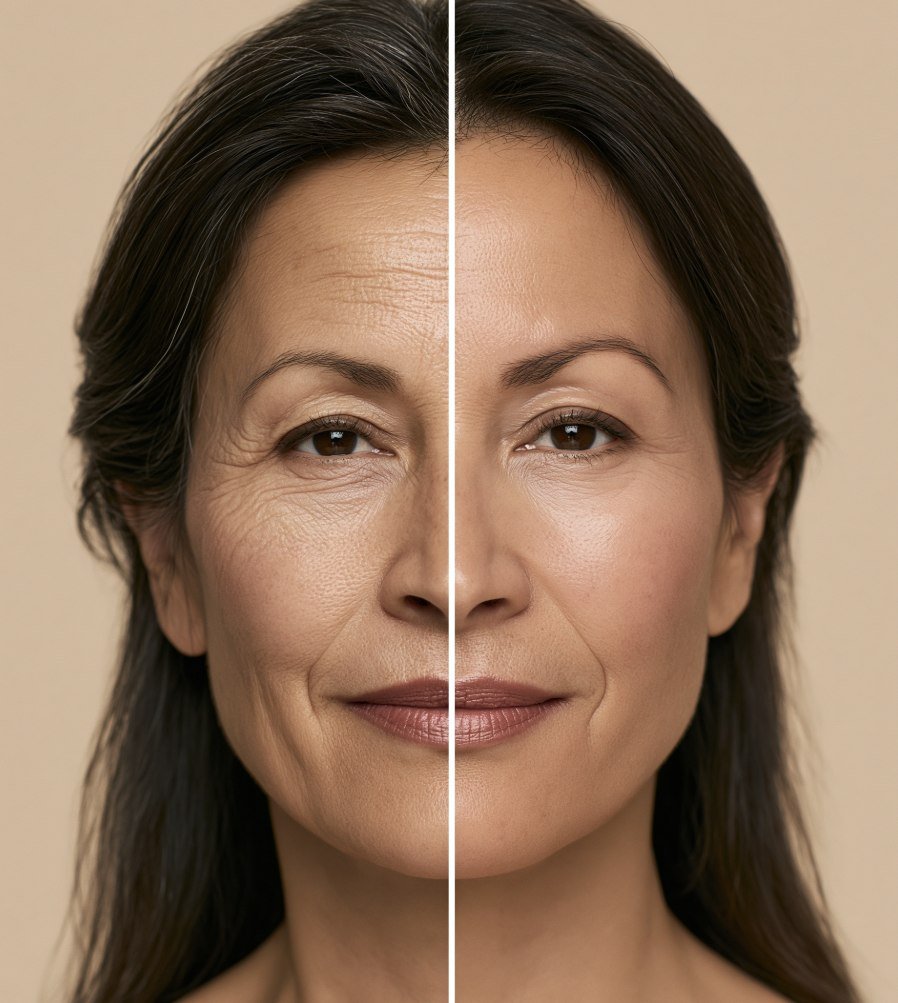 Rostro de mujer dividido mostrando comparación de piel envejecida y piel firme