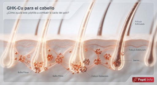 Visualización científica de folículos capilares y moléculas de péptido de cobre