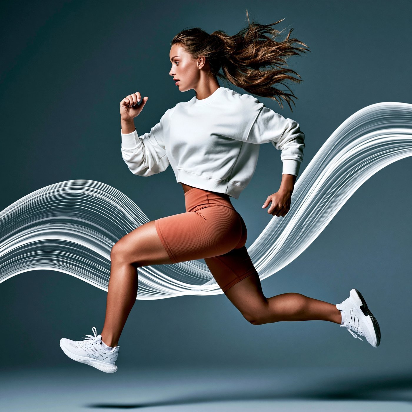 Mujer atleta corriendo con energía simbolizando resistencia física
