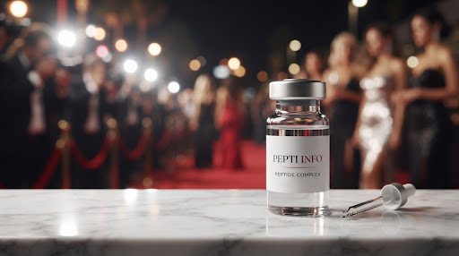 Alfombra roja desenfocada con un vial de laboratorio en primer plano