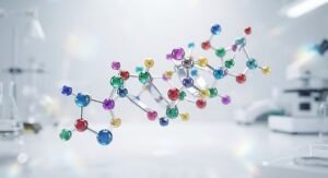 Ilustracion cientifica 3D de una cadena de peptidos formada por aminoacidos