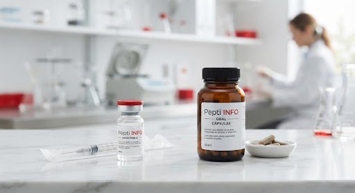Fotografia editorial de un vial inyectable y un frasco de capsulas orales sobre superficie blanca