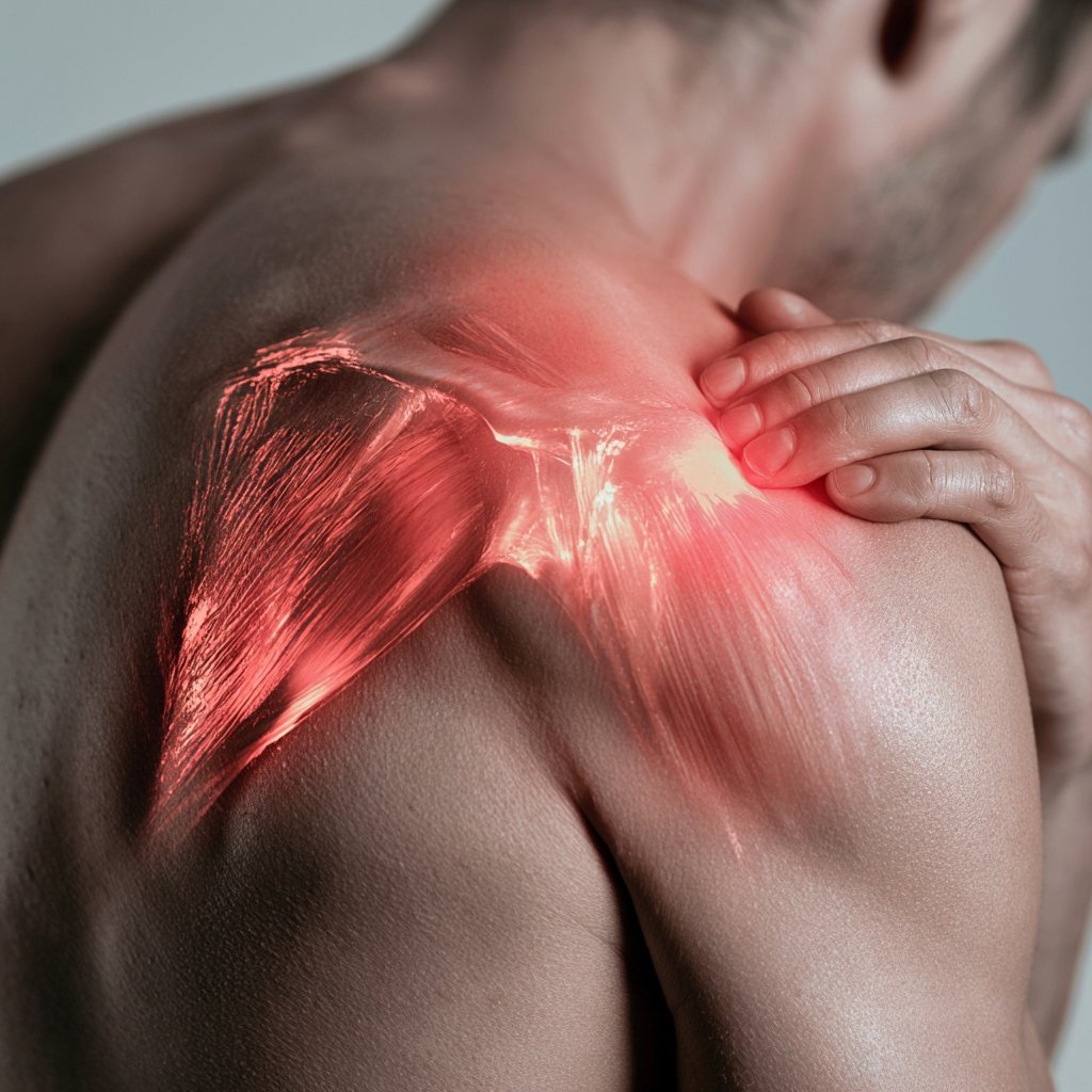 Hombre sosteniendo su hombro con dolor muscular visible