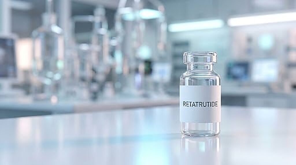 Vial de Retatrutida en un laboratorio de investigación