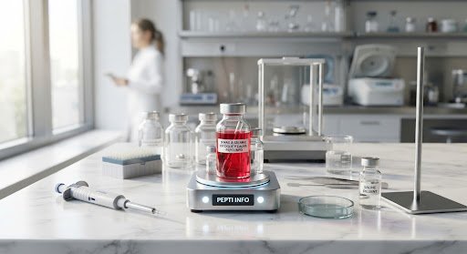 Fotografía de laboratorio con viales de vidrio sobre superficie de mármol blanco