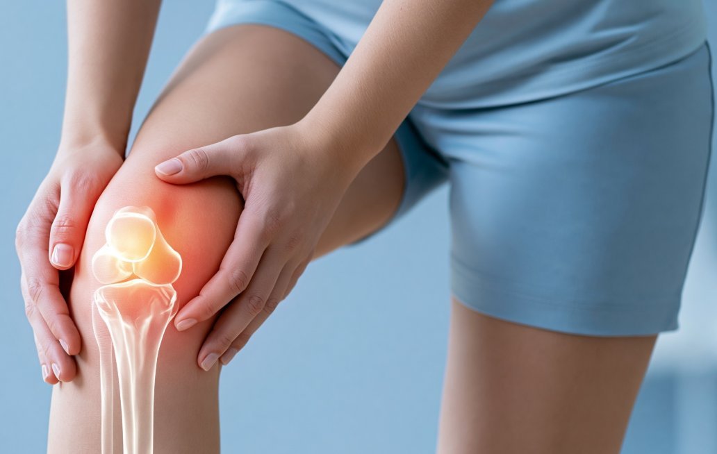 Persona sosteniendo su rodilla con ilustración de articulación inflamada