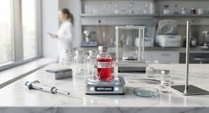 Mesa de laboratorio con viales de vidrio, una pipeta y una balanza de precision, representando el vocabulario basico de la investigacion con peptidos