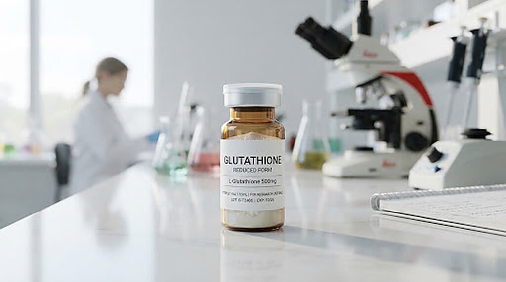 Vial de glutation (GSH) sobre una mesa de laboratorio de investigacion, con microscopio y cristaleria al fondo