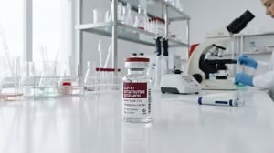 Vial de investigacion de GLP-1 y Retatrutida sobre una mesa de laboratorio con microscopio al fondo