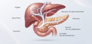 Ilustracion medica del higado y el pancreas mostrando las vias de senalizacion de insulina y glucagon, las senales que usan la Tirzepatida y la Retatrutida
