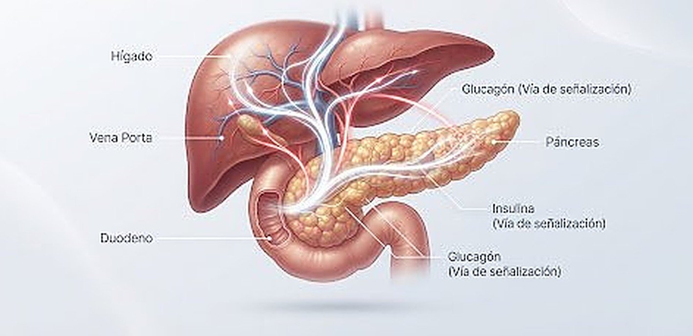 Ilustración médica del hígado y el páncreas mostrando las vías de señalización de insulina y glucagón, las señales que usan la Tirzepatida y la Retatrutida